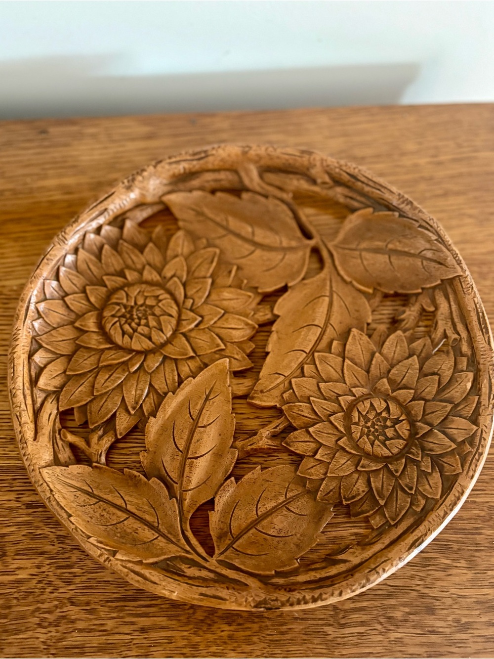Durwood Sunflower Hand-Carved Floral Wooden Decorative Plate - Warm Tan